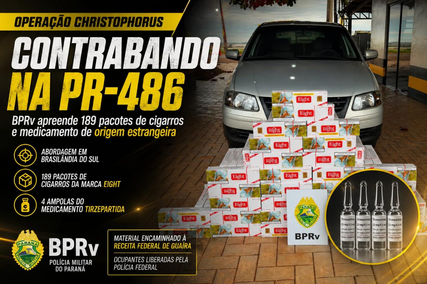 Contrabando na PR-486: BPRv apreende 189 pacotes de cigarros e medicamento de origem estrangeira