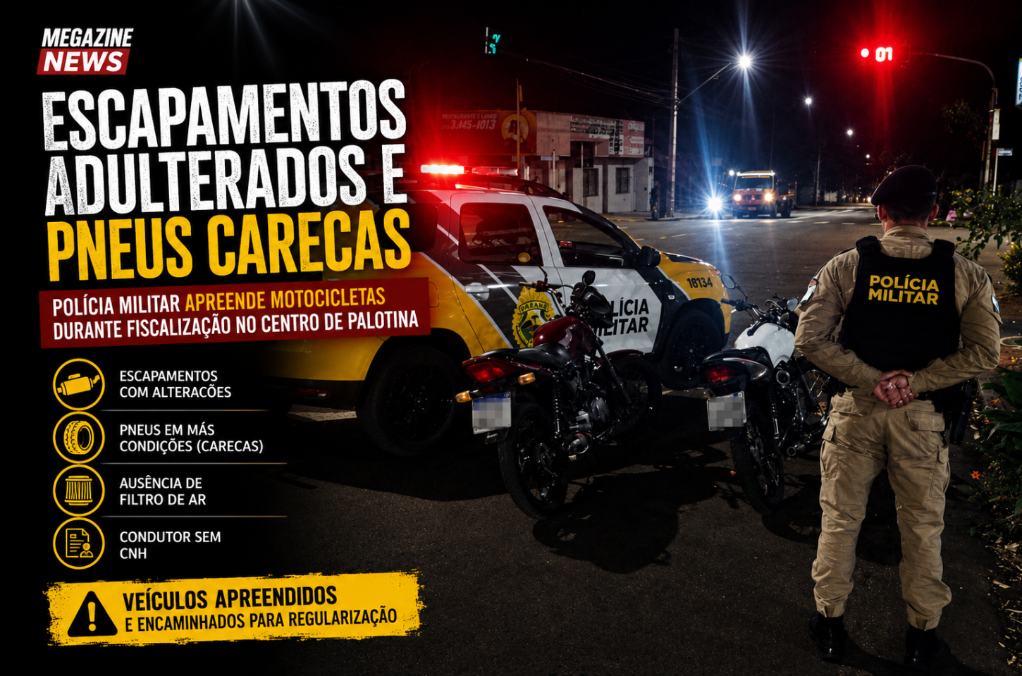 Escapamentos adulterados e pneus carecas: Polícia Militar apreende motocicletas durante fiscalização no centro de Palotina
