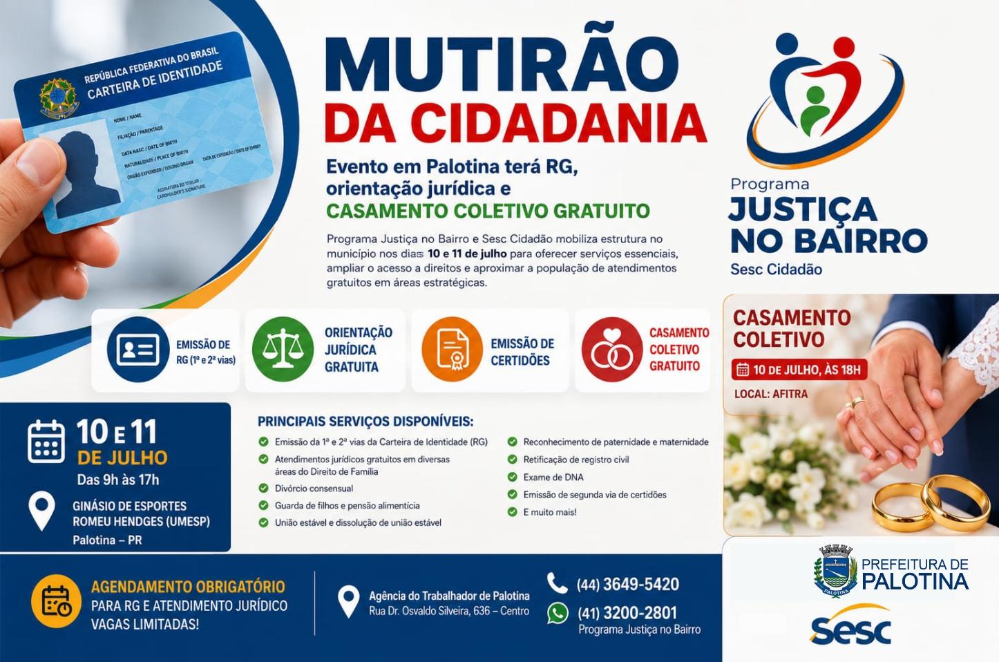 Evento em Palotina terá RG, orientação jurídica e casamento coletivo gratuito