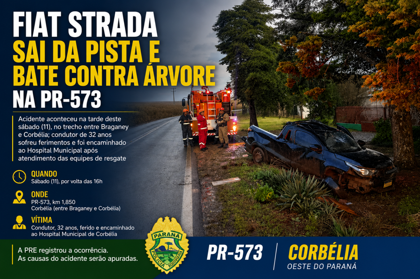 Fiat Strada sai da pista e bate contra árvore na PR-573