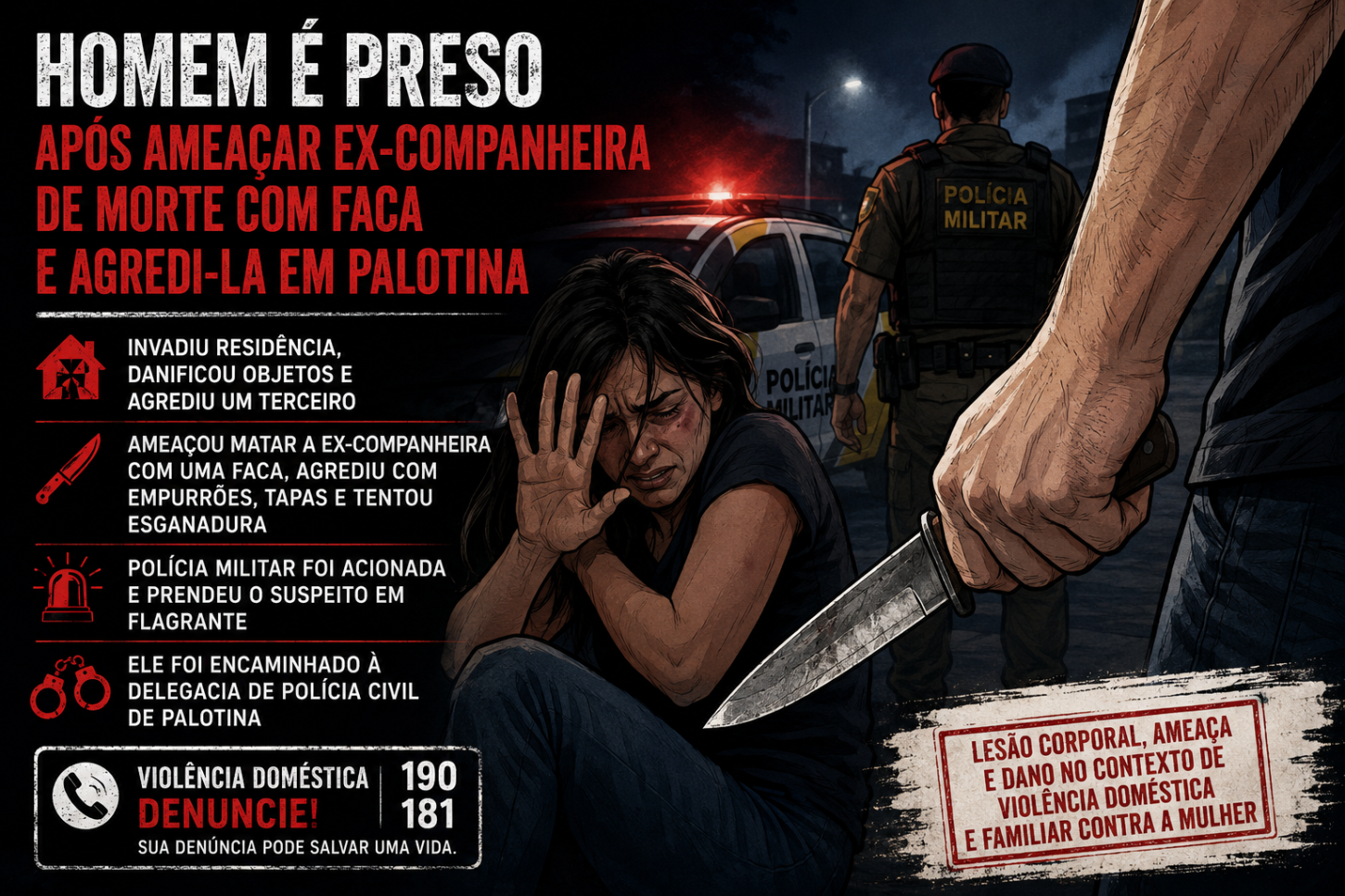 Homem é preso após ameaçar ex-companheira de morte com faca e agredi-la em Palotina