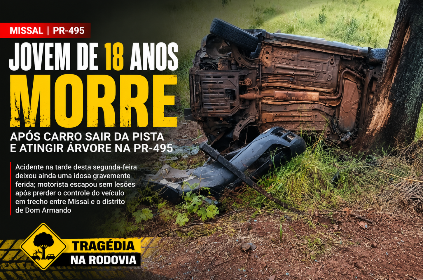 Jovem de 18 anos morre após carro sair da pista e atingir árvore na PR-495
