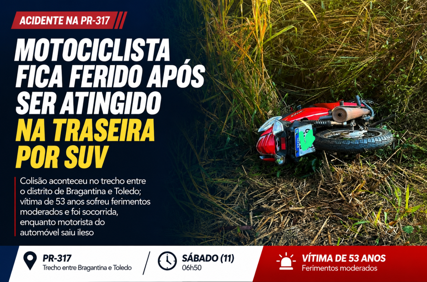 Motociclista fica ferido após ser atingido na traseira por SUV na PR-317
