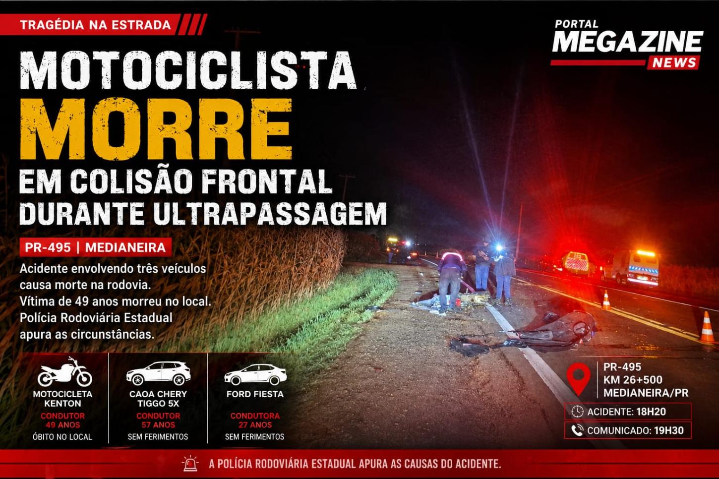 Motociclista morre em colisão frontal durante ultrapassagem na PR-495