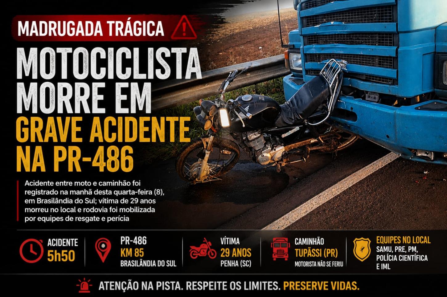 Motociclista morre em grave acidente na PR-486