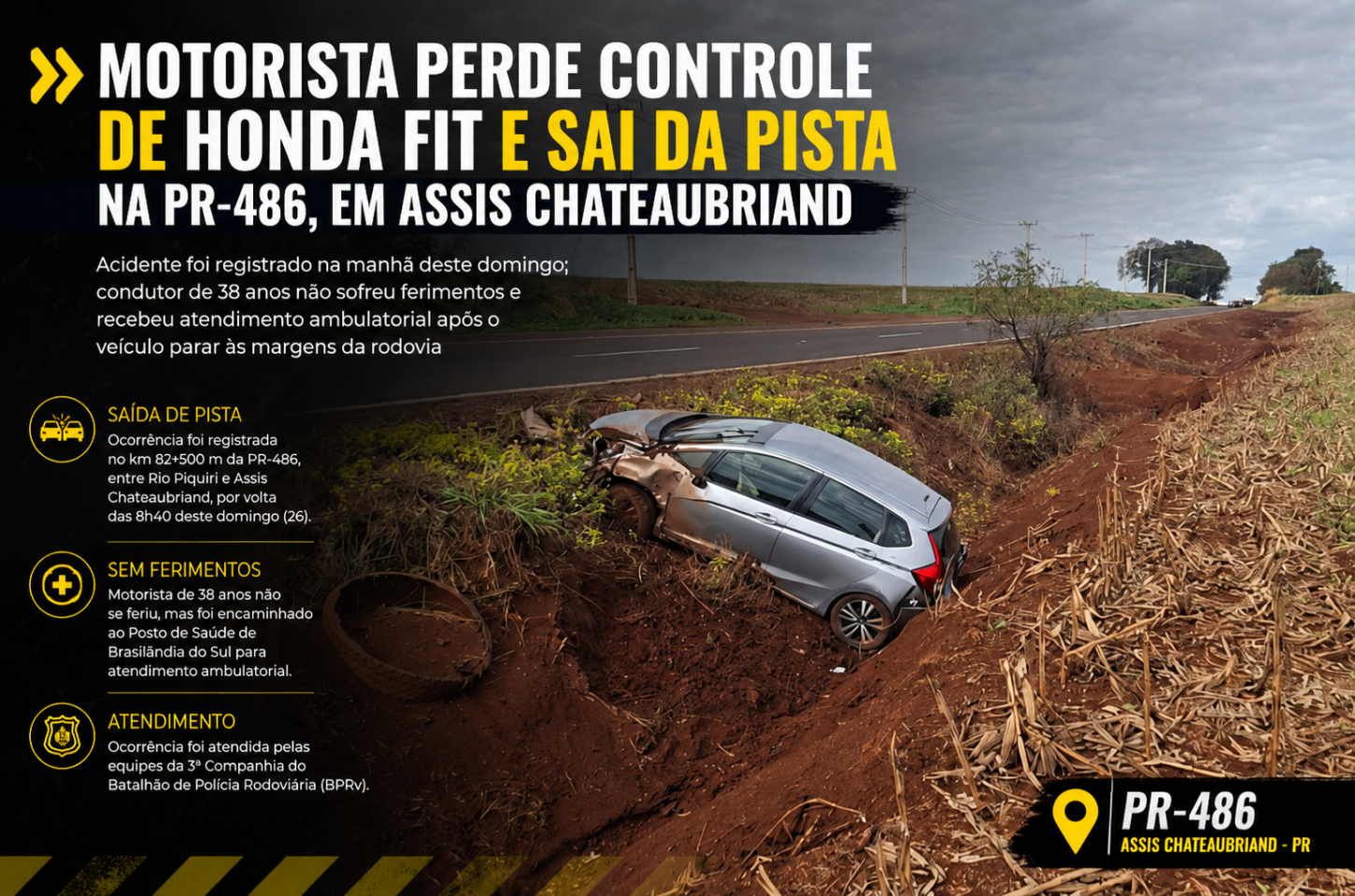Motorista perde controle de Honda Fit e sai da pista na PR-486, em Assis Chateaubriand