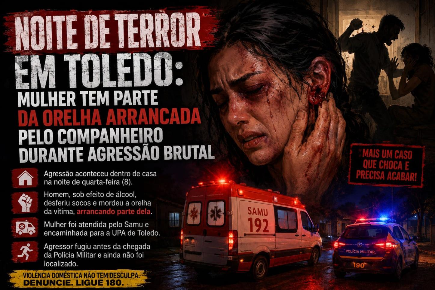 Noite de terror em Toledo: mulher tem parte da orelha arrancada pelo companheiro durante agressão brutal