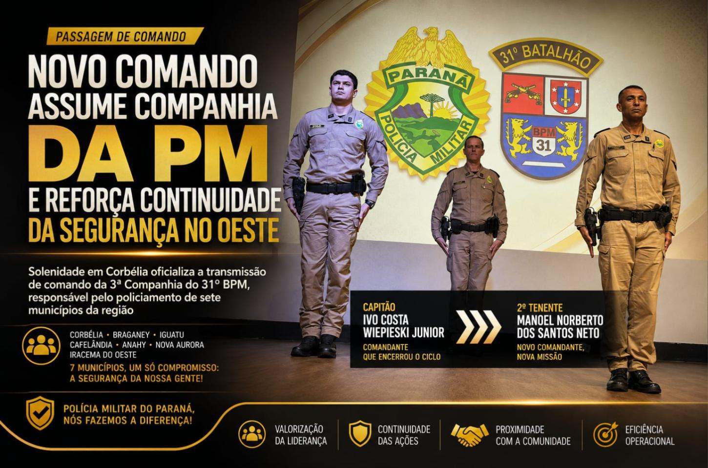 Novo comando assume companhia da PM e reforça continuidade da segurança no Oeste