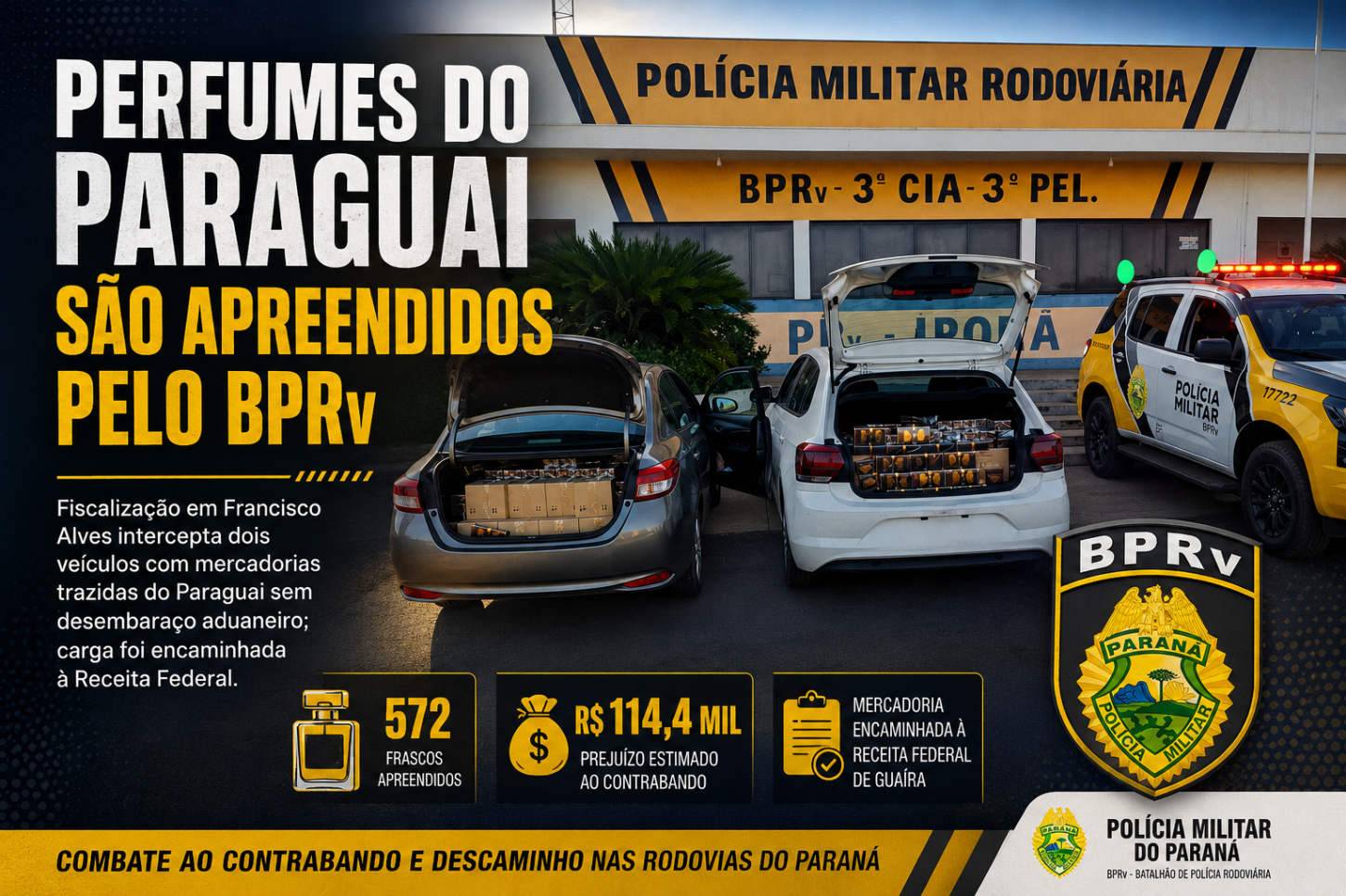 Perfumes do Paraguai são apreendidos pelo BPRv