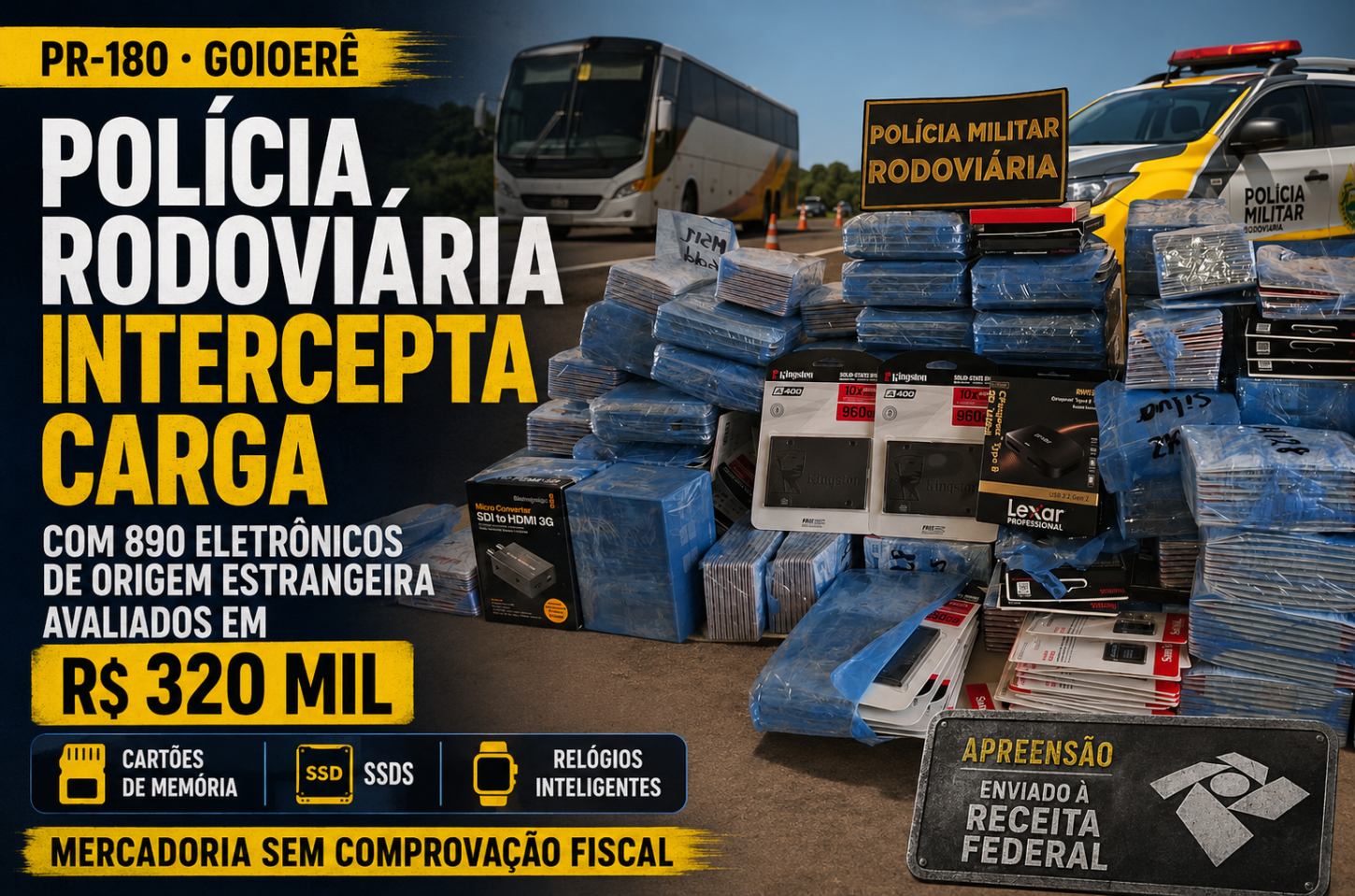 Polícia Rodoviária intercepta carga com 890 eletrônicos de origem estrangeira avaliados em R$ 320 mil na PR-180