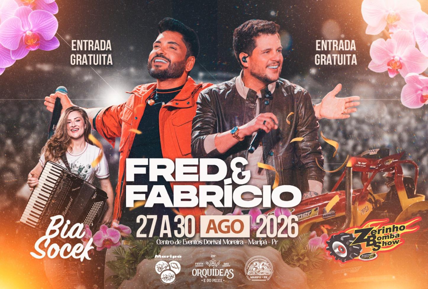 A programação oficial da 26ª Festa das Orquídeas e do Peixe foi divulgada pela Prefeitura de Maripá. O evento será realizado de 27 a 30 de agosto, com exposições, gastronomia típica, atrações culturais e o show nacional gratuito da dupla Fred & Fabrício