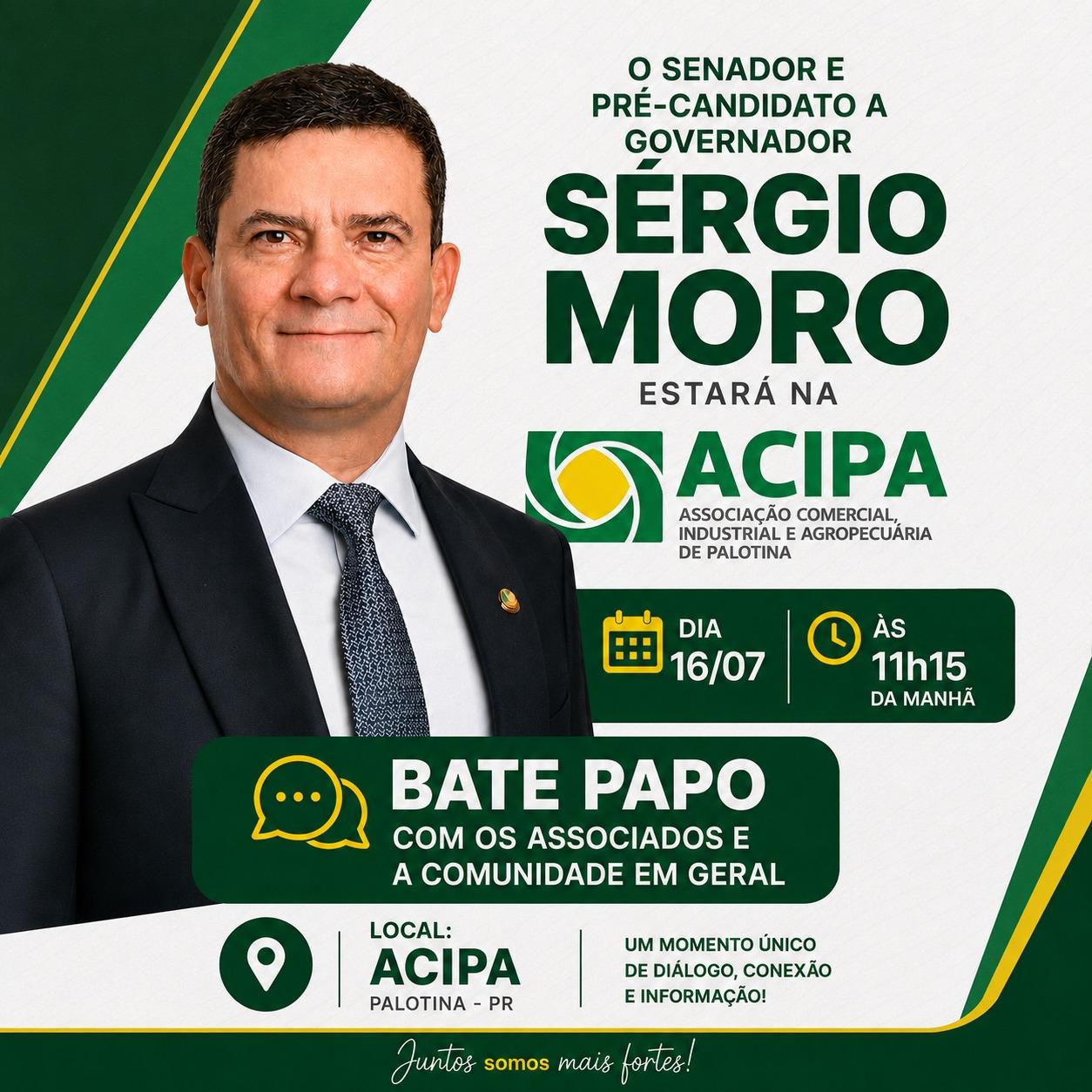 Senador e pré-candidato ao governo do Paraná Sérgio Moro estará na ACIPA em Palotina na próxima quinta-feira (16)