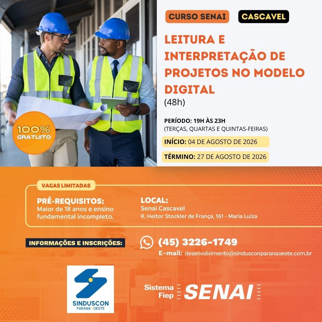 Cartaz oficial do curso gratuito Leitura e Interpretação de Projetos no Modelo Digital, promovido pelo Sinduscon Paraná Oeste em parceria com o Senai