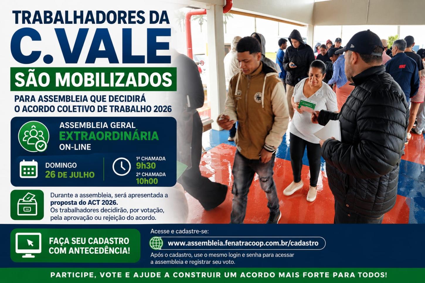 Trabalhadores da C.Vale são mobilizados para Assembleia que decidirá o Acordo Coletivo de Trabalho 2026