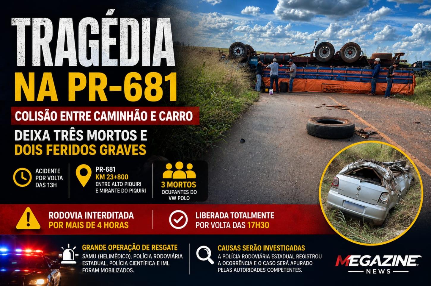 Tragédia na PR-681: colisão entre caminhão e carro deixa três mortos e mobiliza grande operação de resgate