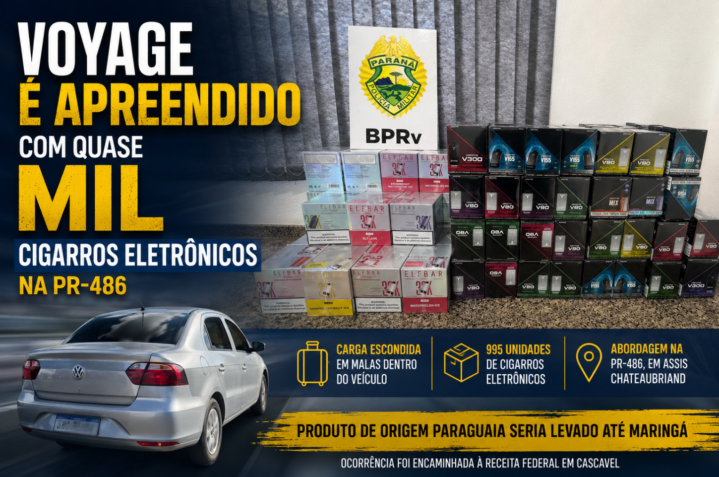 Voyage é apreendido com quase mil cigarros eletrônicos na PR-486