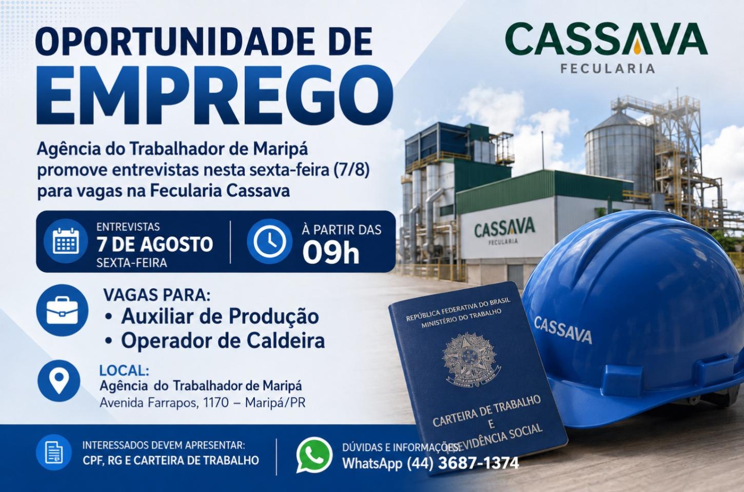 Agência do Trabalhador de Maripá promove entrevistas nesta sexta-feira (7/8) para vagas na Fecularia Cassava