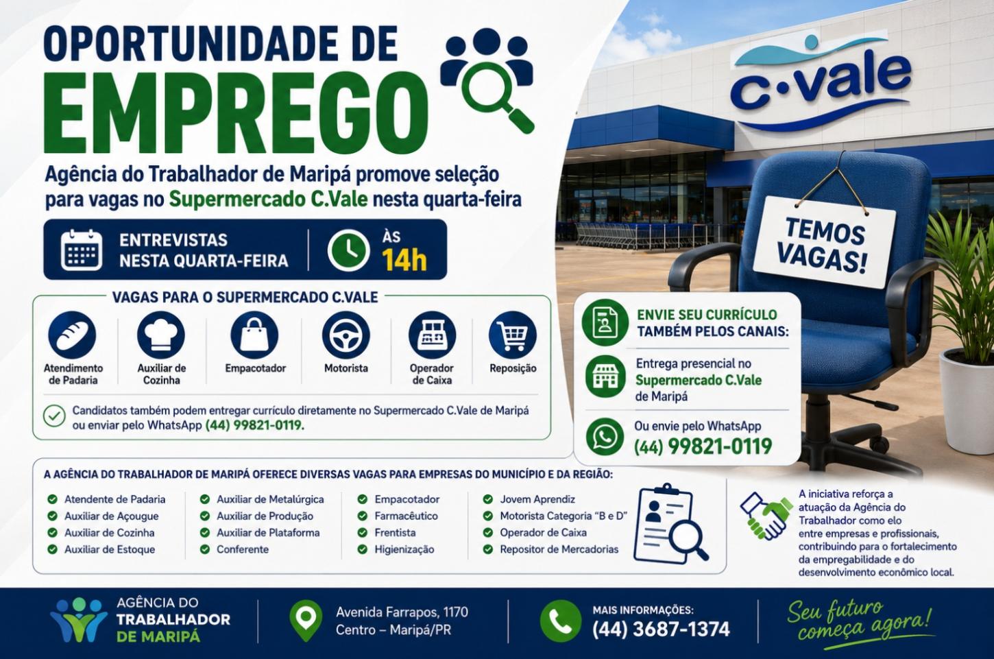 Agência do Trabalhador de Maripá promove seleção para vagas no Supermercado C.Vale nesta quarta-feira