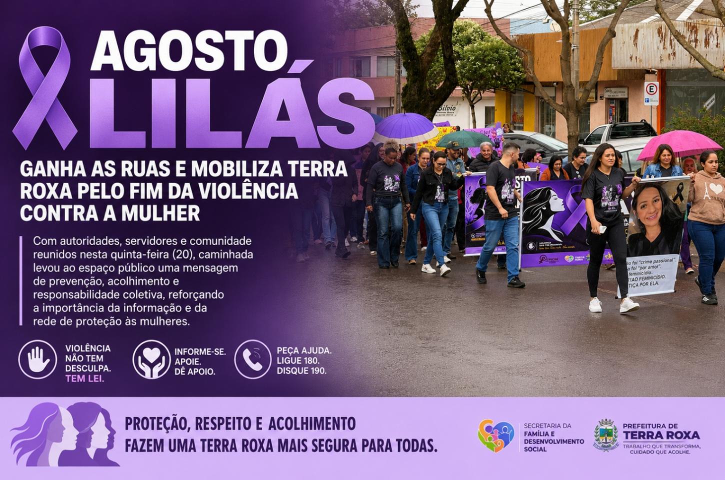 Agosto Lilás ganha as ruas e mobiliza Terra Roxa pelo fim da violência contra a mulher
