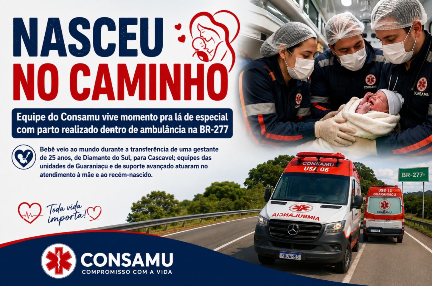 Equipe do Consamu vive momento pra lá de especial com parto realizado dentro de ambulância na BR-277