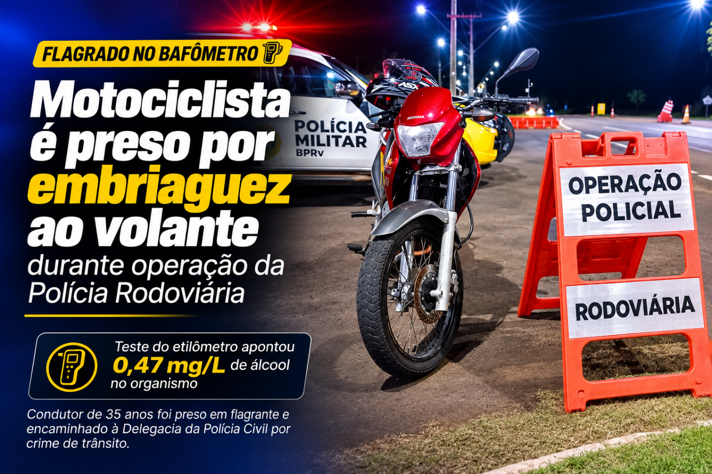 Flagrado no bafômetro: motociclista é preso por embriaguez ao volante durante operação da Polícia Rodoviária