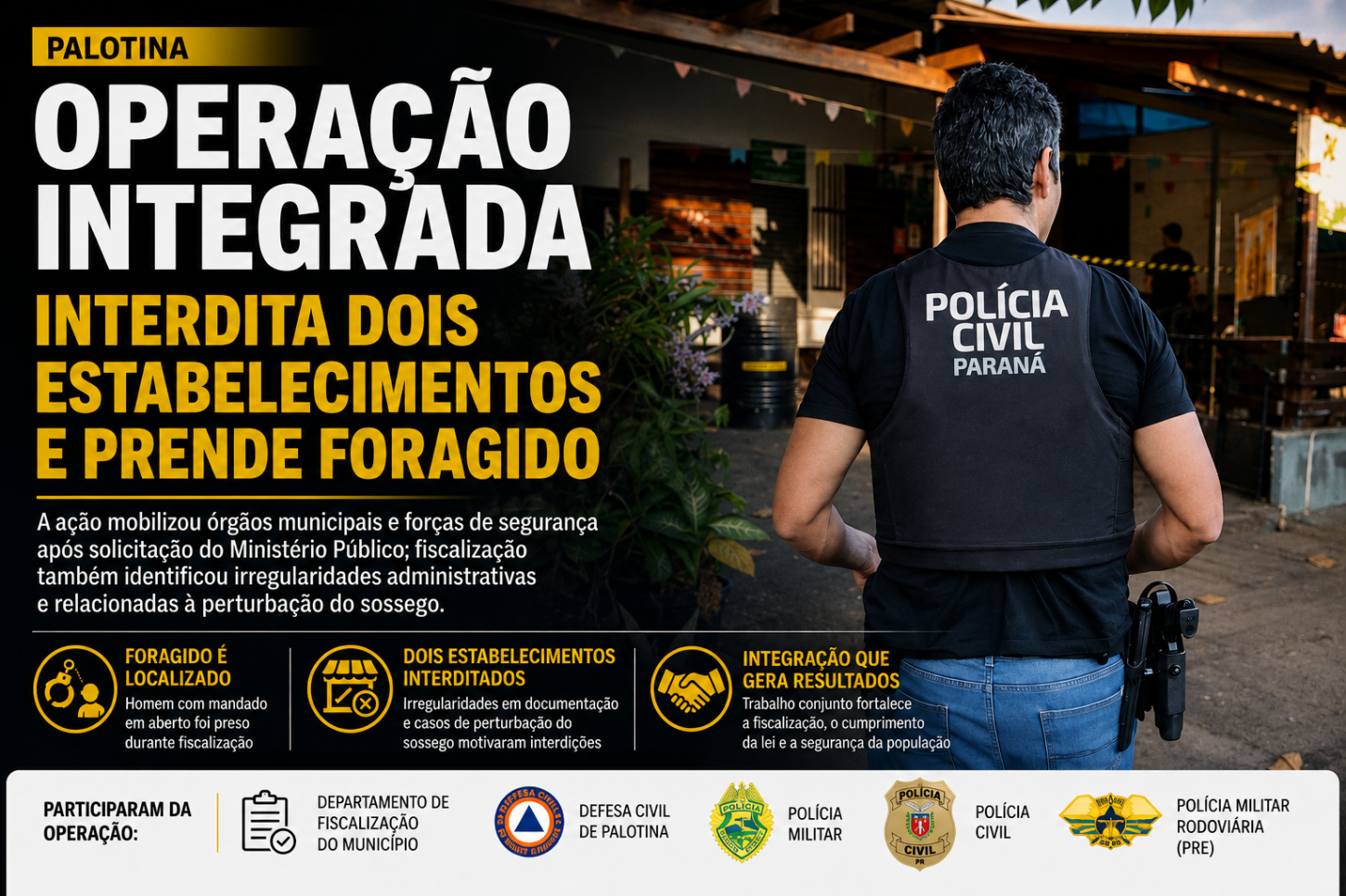 Operação integrada interdita dois estabelecimentos e prende foragido em Palotina