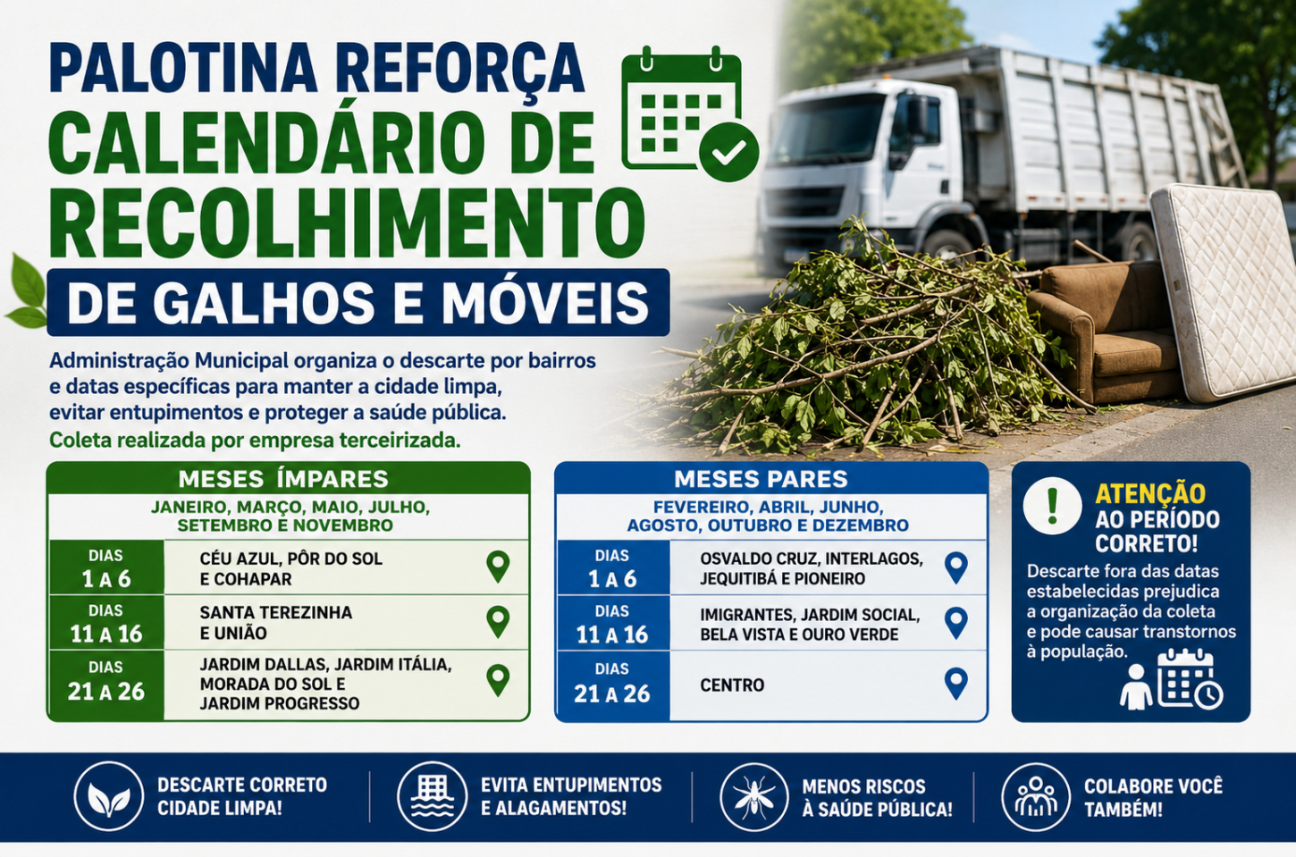 Palotina reforça calendário de recolhimento de galhos e móveis e pede atenção da população