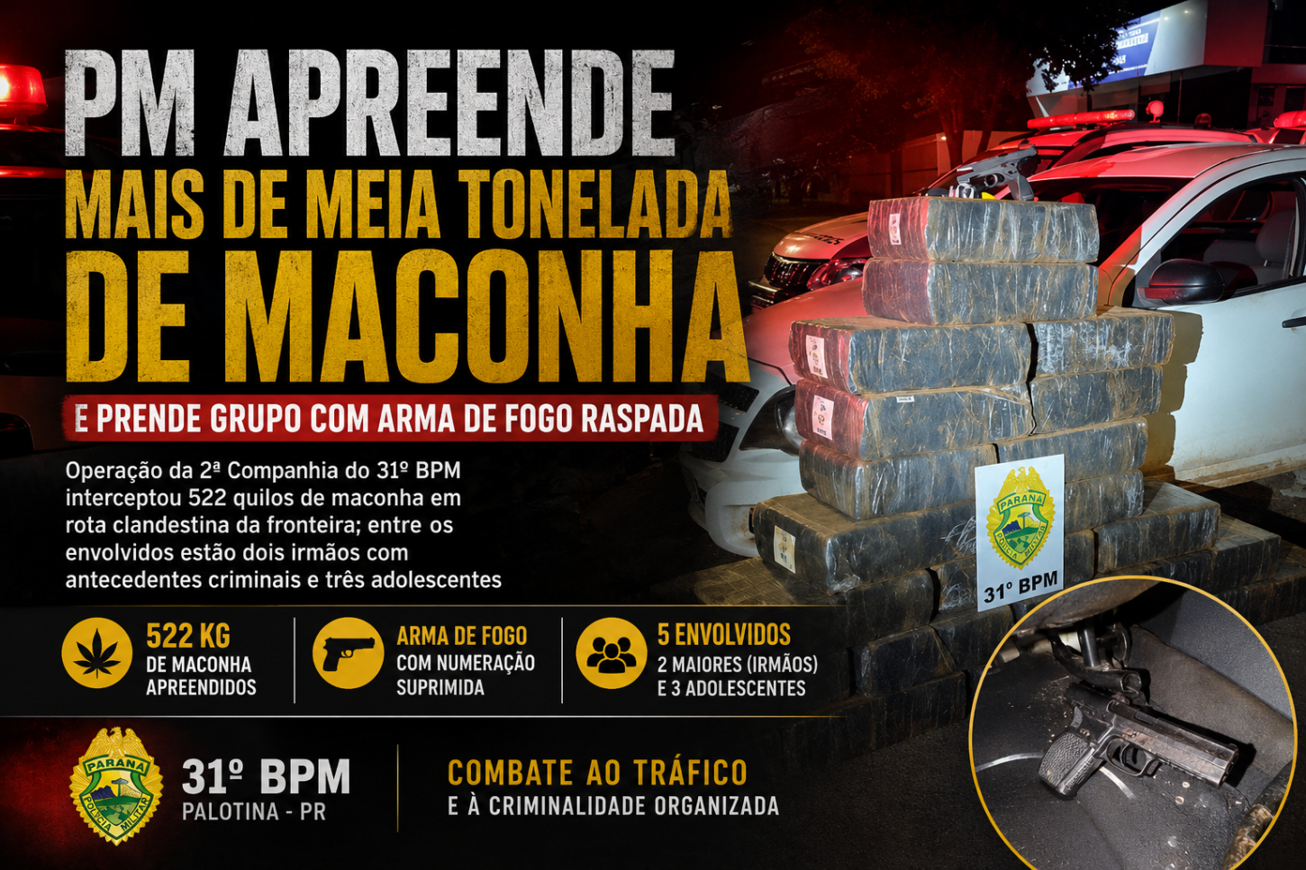 PM apreende mais de meia tonelada de maconha no interior de Palotina e prende grupo com arma de fogo raspada