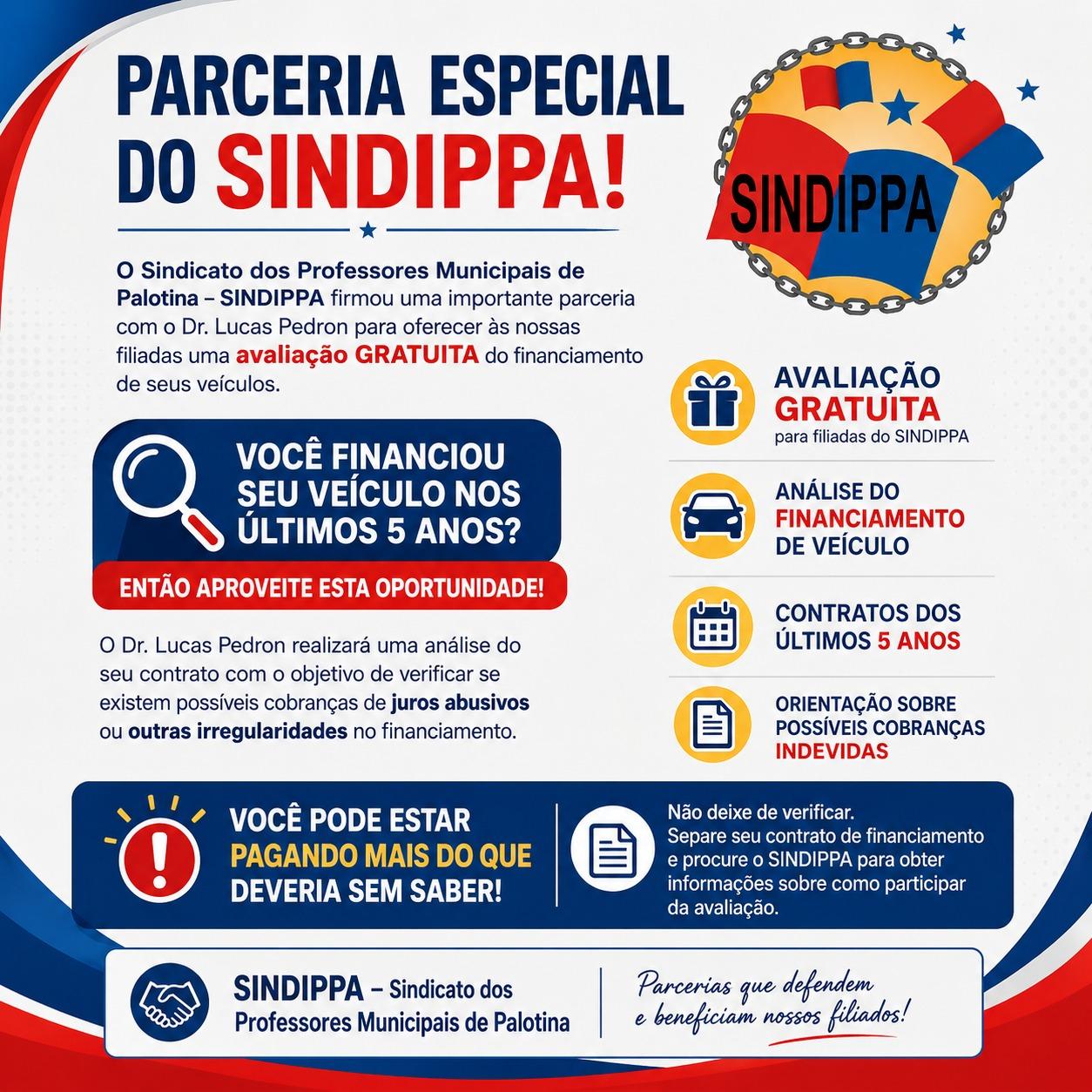 O SINDIPPA firmou uma importante parceria com o advogado Dr. Lucas Pedron para oferecer às filiadas avaliação gratuita de financiamentos de veículos contratados nos últimos cinco anos