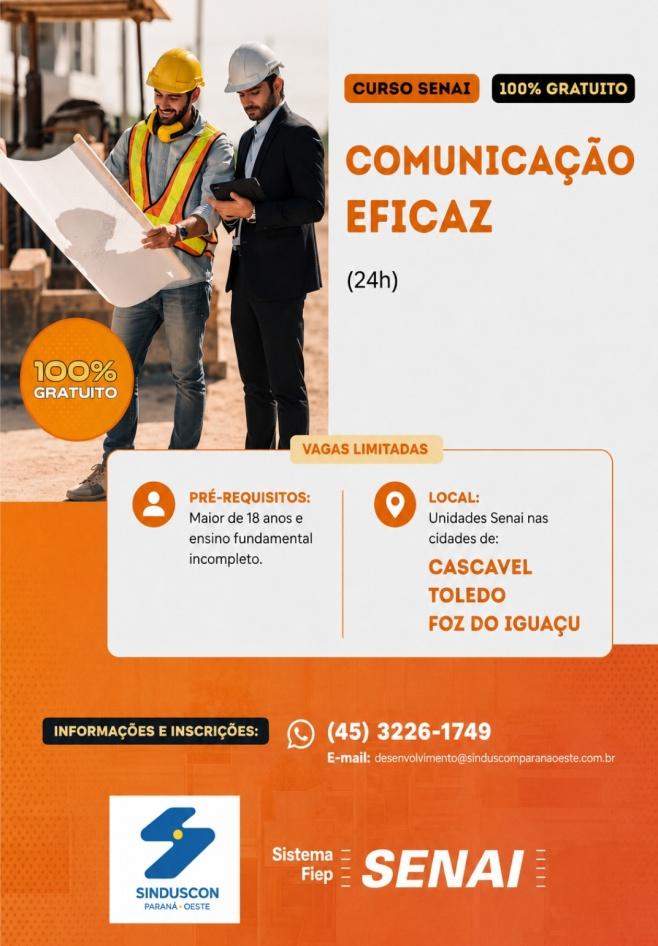 Sinduscon está com inscrições abertas para o curso gratuito de Comunicação Eficaz, que será realizado em setembro em Cascavel, Toledo e Foz do Iguaçu