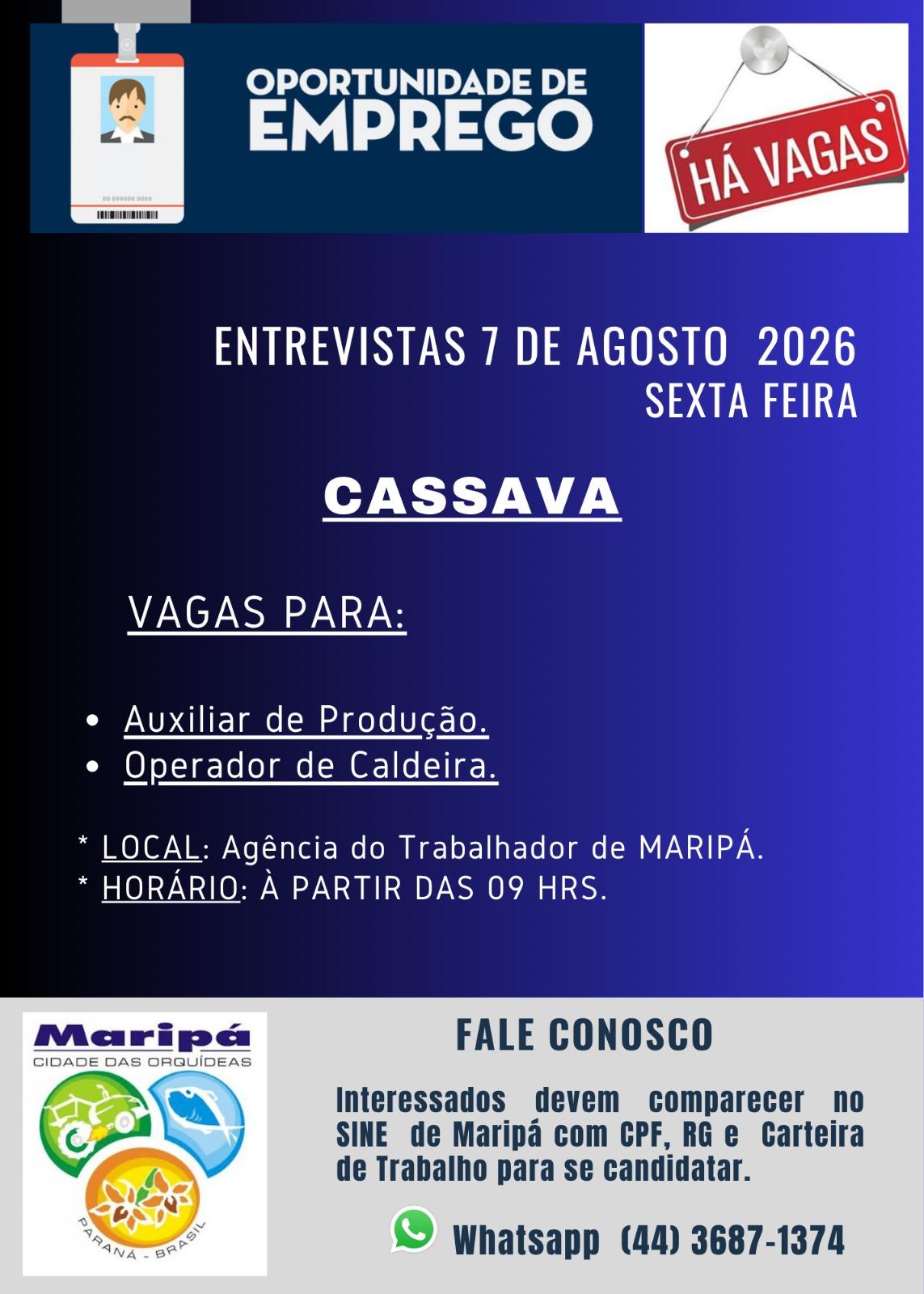 A Agência do Trabalhador de Maripá realiza nesta sexta-feira (7), a partir das 9h, entrevistas para contratação na Fecularia Cassava