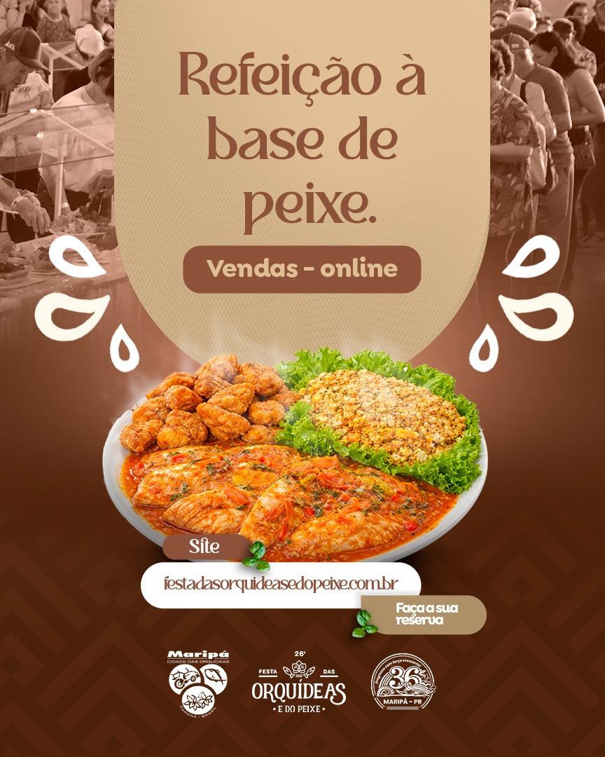 Cartaz divulga a venda antecipada das refeições à base de peixe da 26ª Festa das Orquídeas e do Peixe de Maripá, um dos momentos gastronômicos mais aguardados do evento