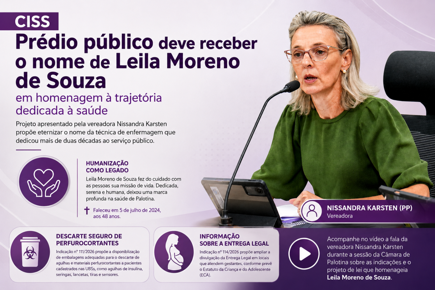 Prédio público deve receber o nome de Leila Moreno de Souza em homenagem à trajetória dedicada à saúde