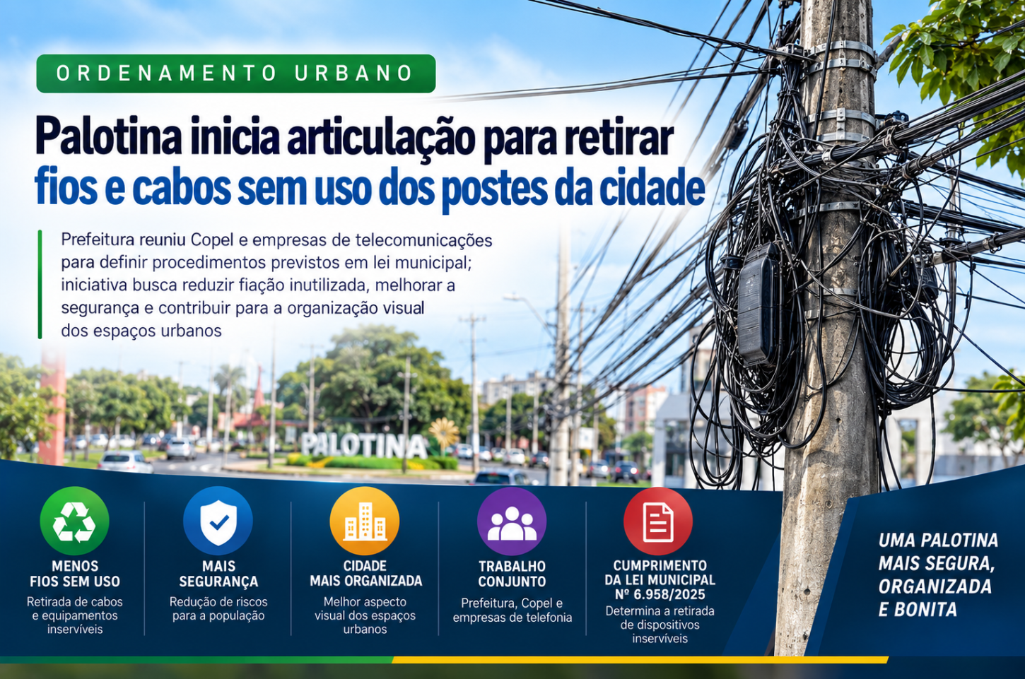 Palotina inicia articulação para retirar fios e cabos sem uso dos postes da cidade