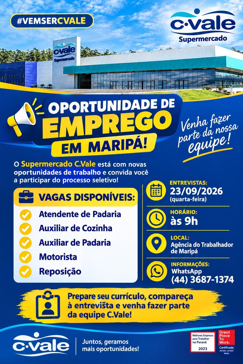 Entrevista para vagas de empregos será nesta quarta-feira (23) na Agência do Trabalhador de Maripá