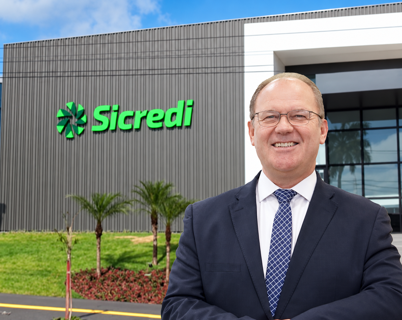 Jaime Basso, presidente da Sicredi Vale do Piquiri Abcd PR/SP, em frente à sede da cooperativa em Palotina, município onde a instituição iniciou sua trajetória em 1988 e de onde expandiu sua atuação até alcançar a marca de 300 mil associados