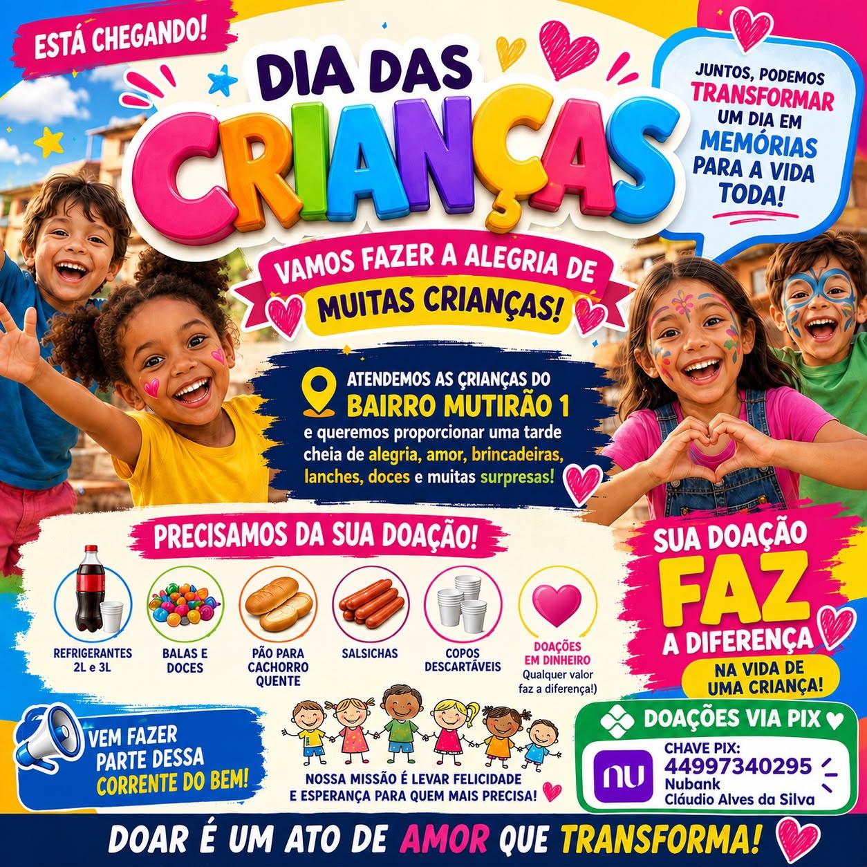 Cartaz convida a comunidade para a ação especial de Dia das Crianças, marcada para 12 de outubro, a partir das 15h, no Jardim Nova Esperança, em Palotina