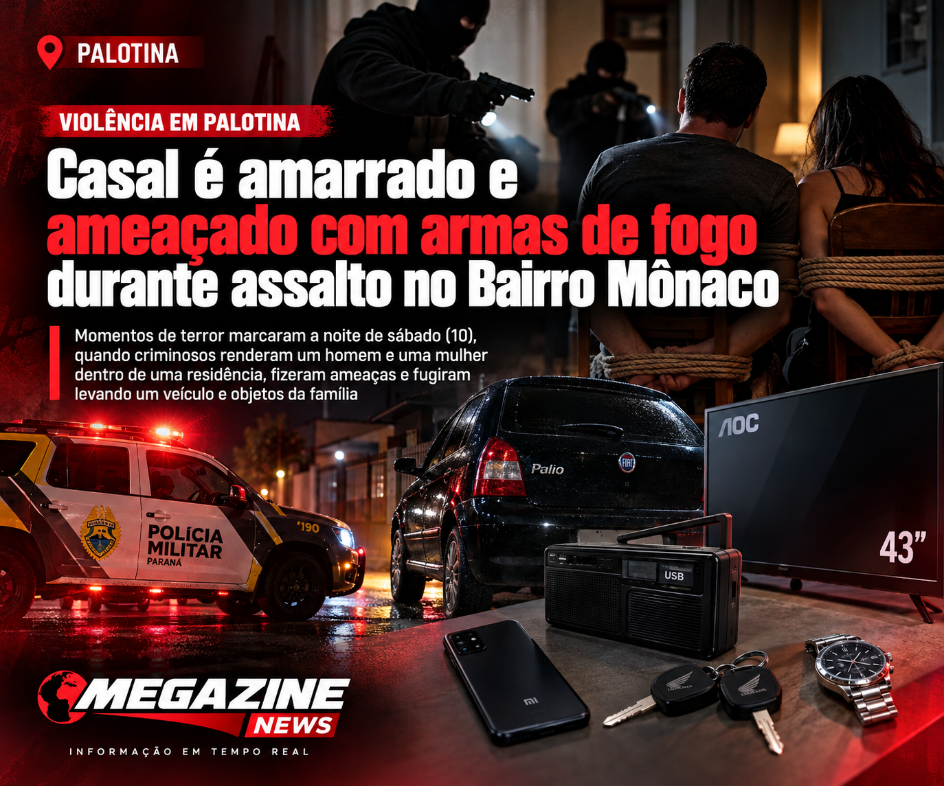 Casal é amarrado e ameaçado com armas de fogo durante assalto no Bairro Mônaco