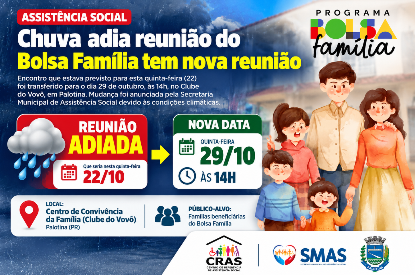 Chuva adia reunião do programa Bolsa Família tem nova reunião