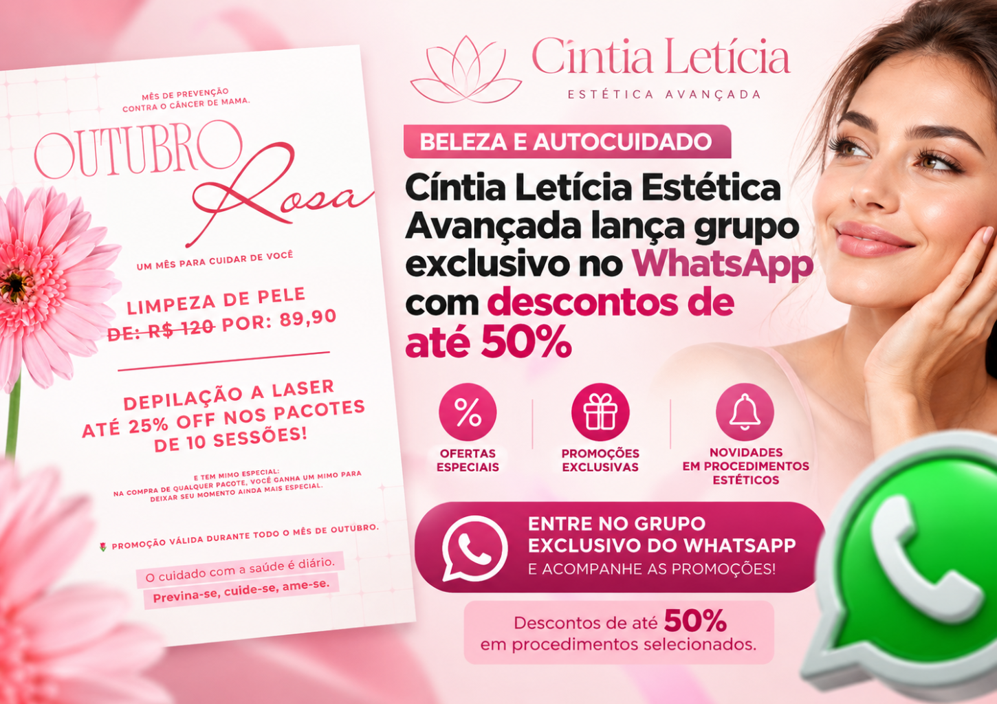 Cíntia Letícia Estética Avançada lança grupo exclusivo no WhatsApp com descontos de até 50%
