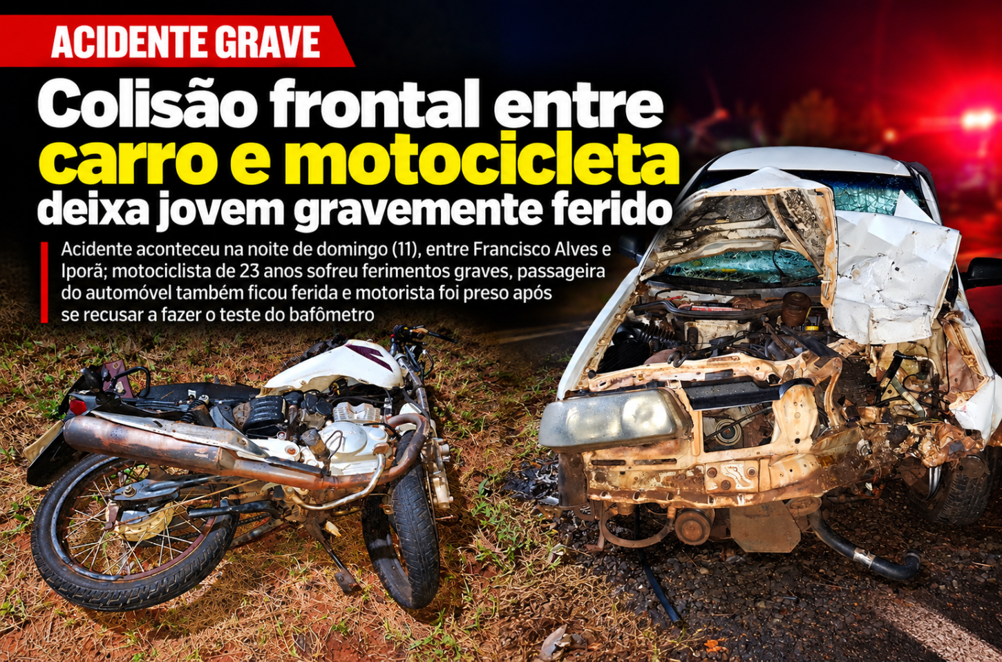 Colisão frontal entre carro e motocicleta deixa jovem gravemente ferido