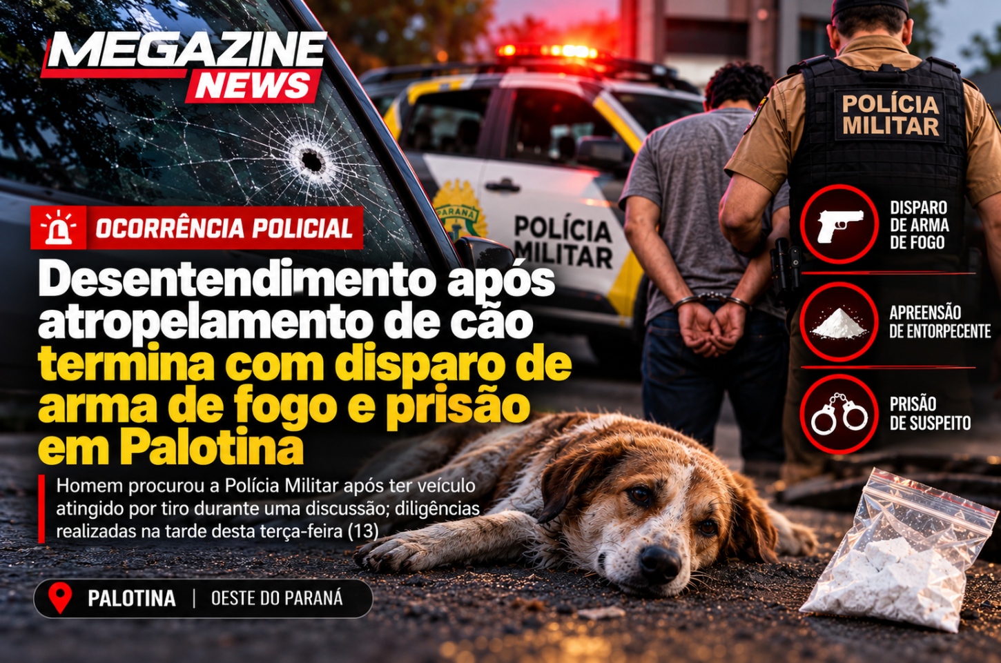 Desentendimento após atropelamento de cão termina com disparo de arma de fogo e prisão em Palotina