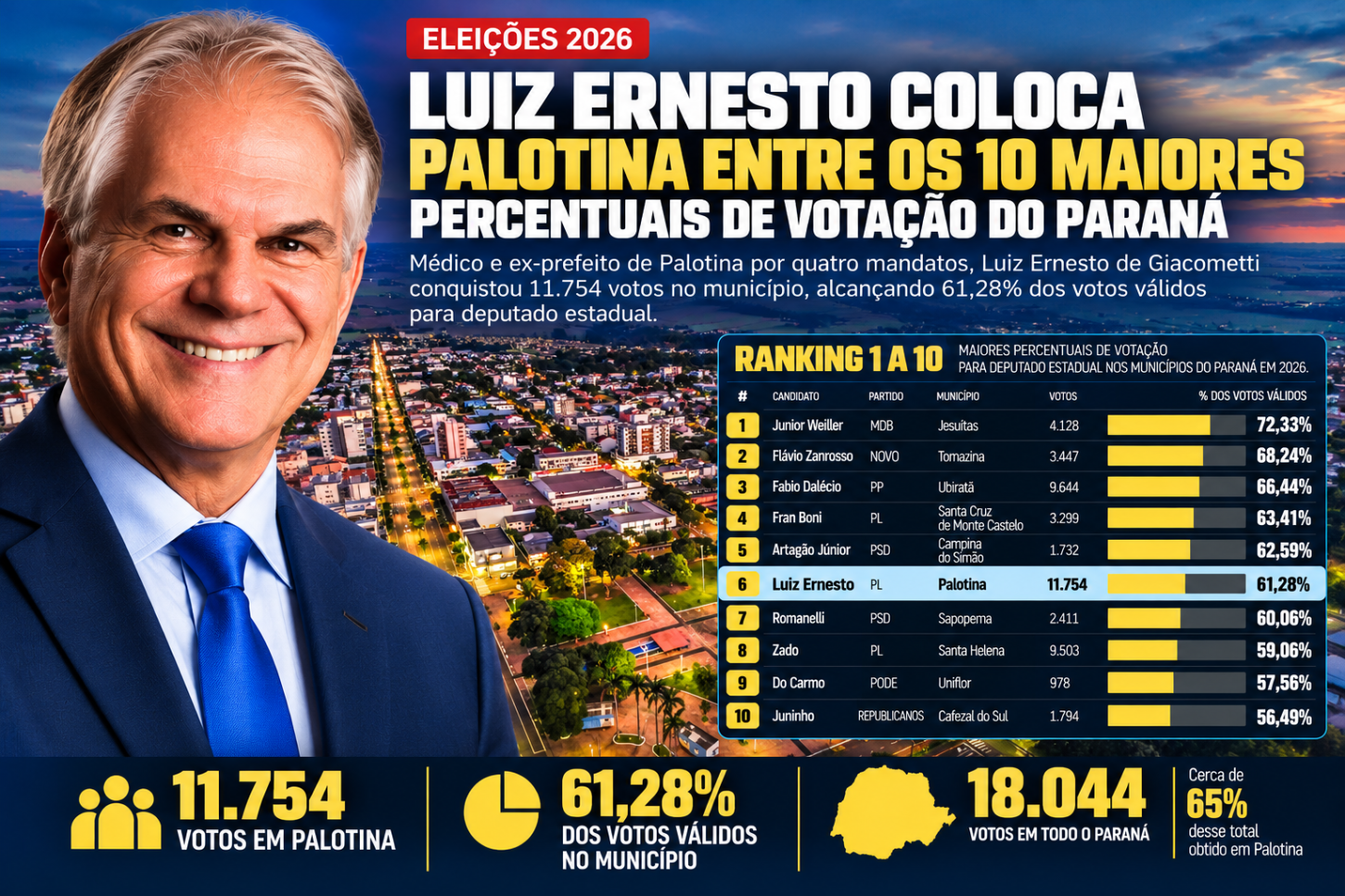 Luiz Ernesto coloca Palotina entre os 10 maiores percentuais de votação do Paraná