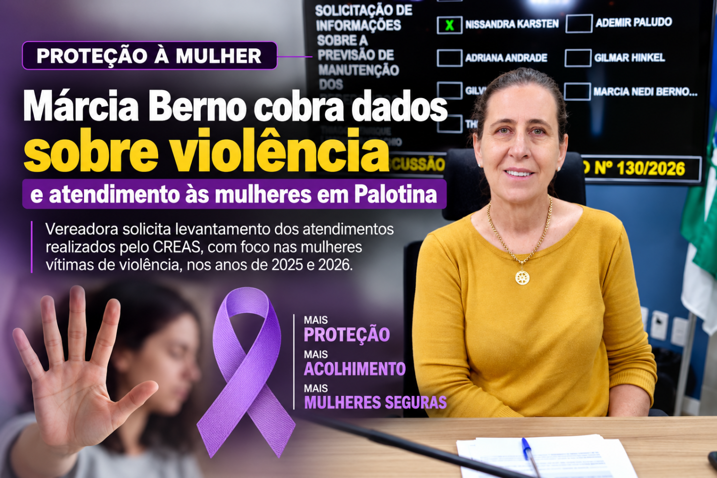 Márcia Berno cobra dados sobre violência e atendimento às mulheres em Palotina