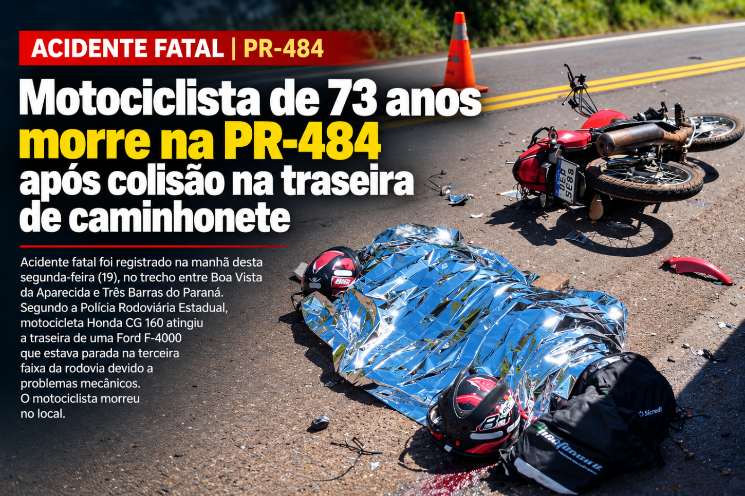 Motociclista de 73 anos morre na PR-484 após colisão na traseira de caminhonete
