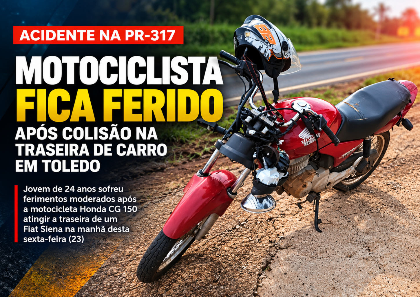 Motociclista fica ferido após colisão na traseira de carro em Toledo