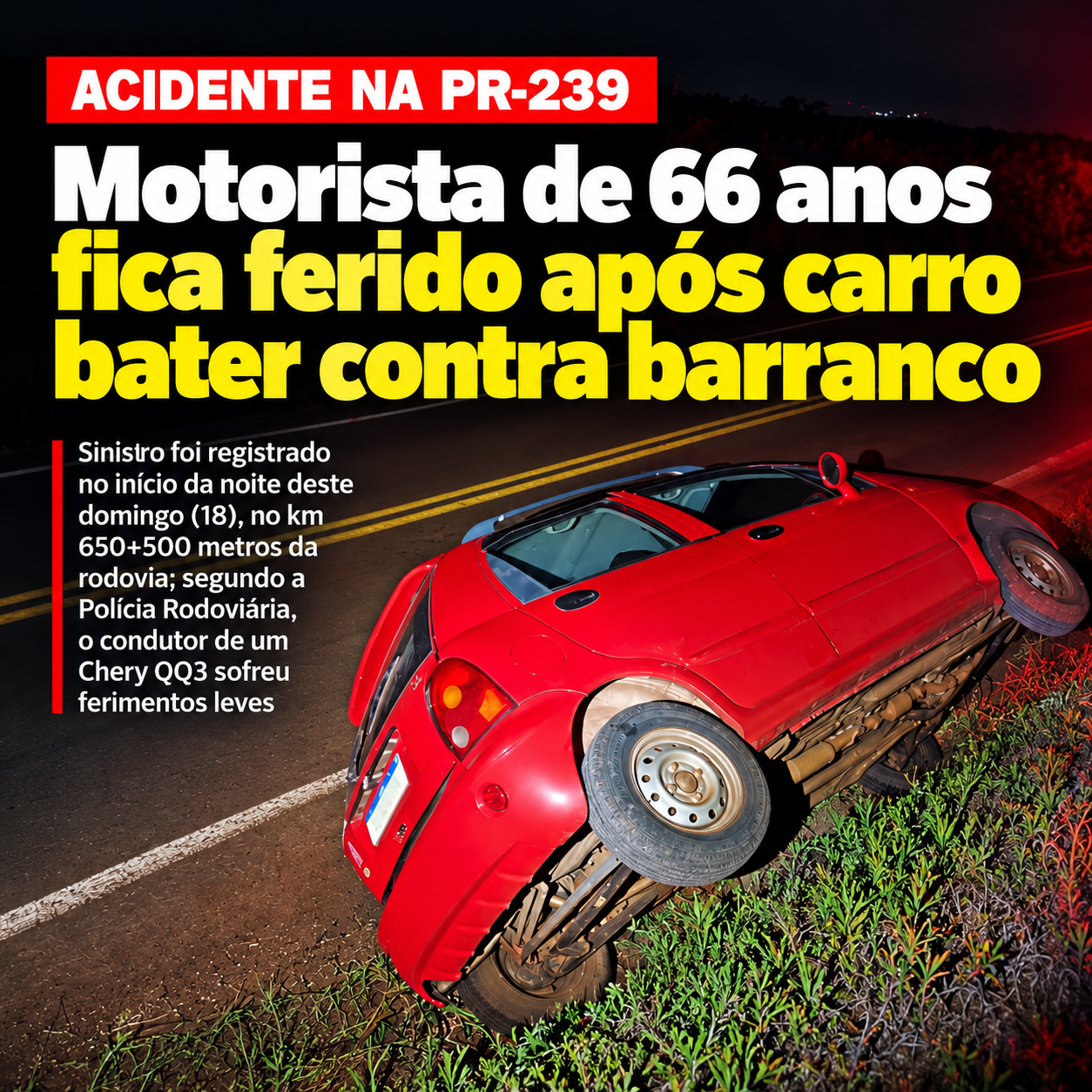 Motorista de 66 anos fica ferido após carro bater contra barranco