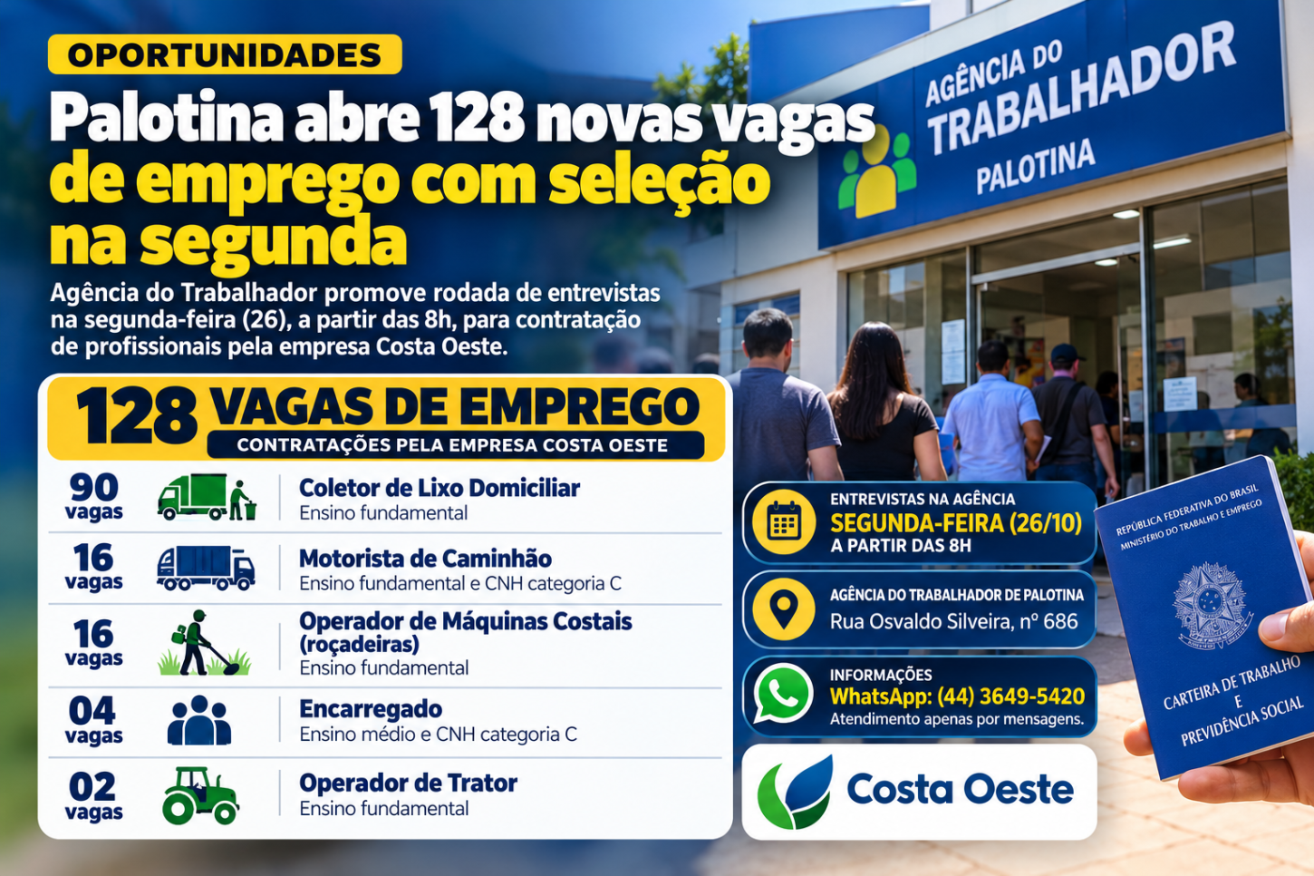 Palotina abre 128 novas vagas de emprego com seleção na segunda