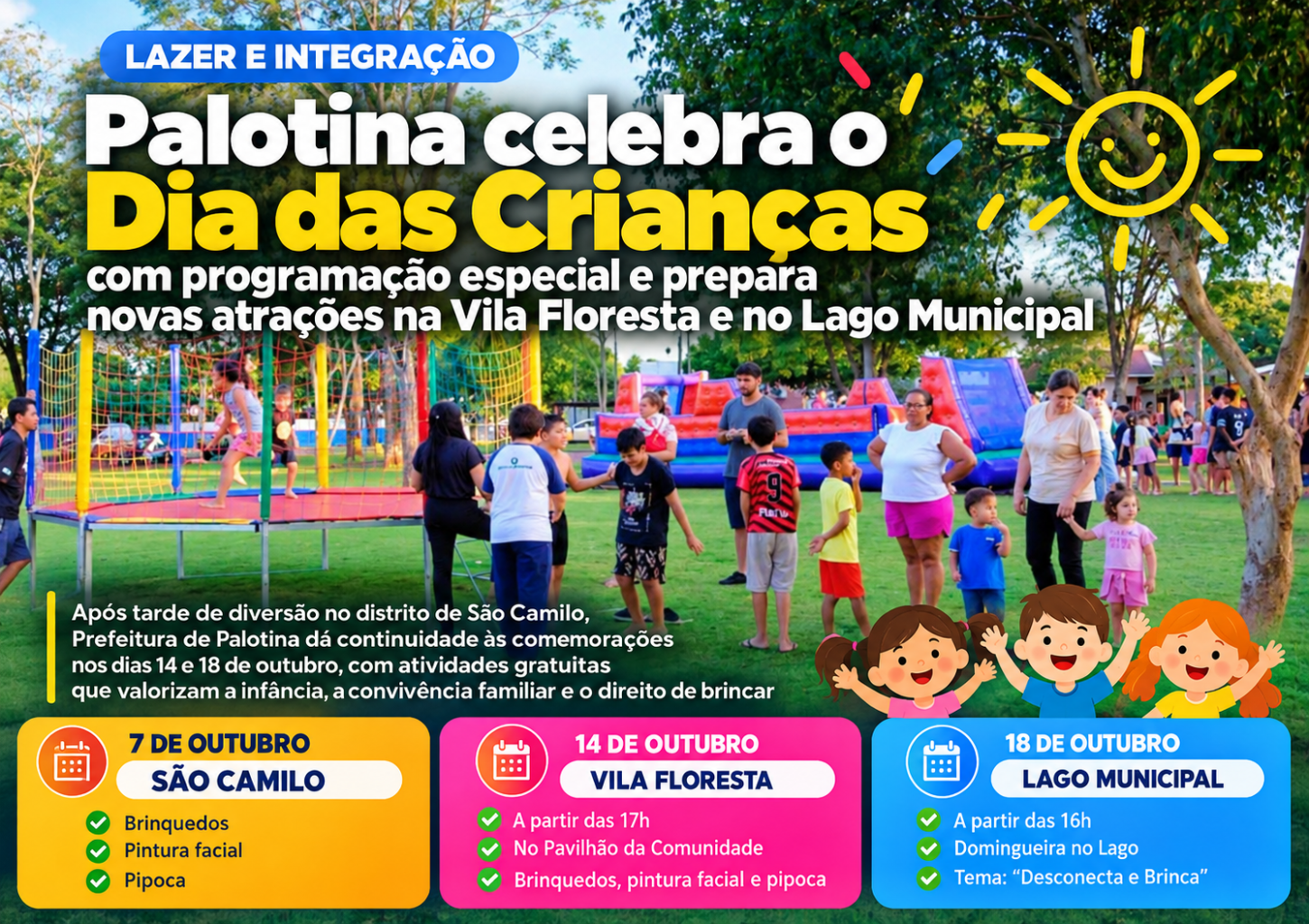 Palotina celebra o Dia das Crianças com programação especial e prepara novas atrações na Vila Floresta e no Lago Municipal