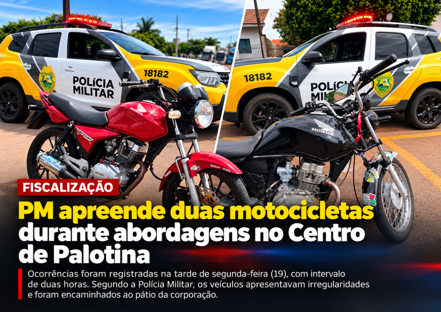 PM apreende duas motocicletas durante abordagens no Centro de Palotina